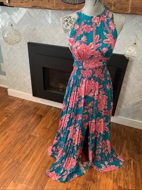 Abel the Label Teal Floral Maxi Dress with Pink Blooms